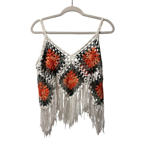 Handmade Crochet Fringe Boho Crop Top With Multicolor Diamond Pattern - Picture 5 of 8